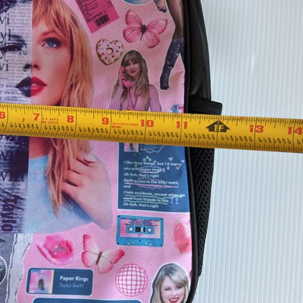 Taylor Swift inspired black, pink & gray collage backpack.
